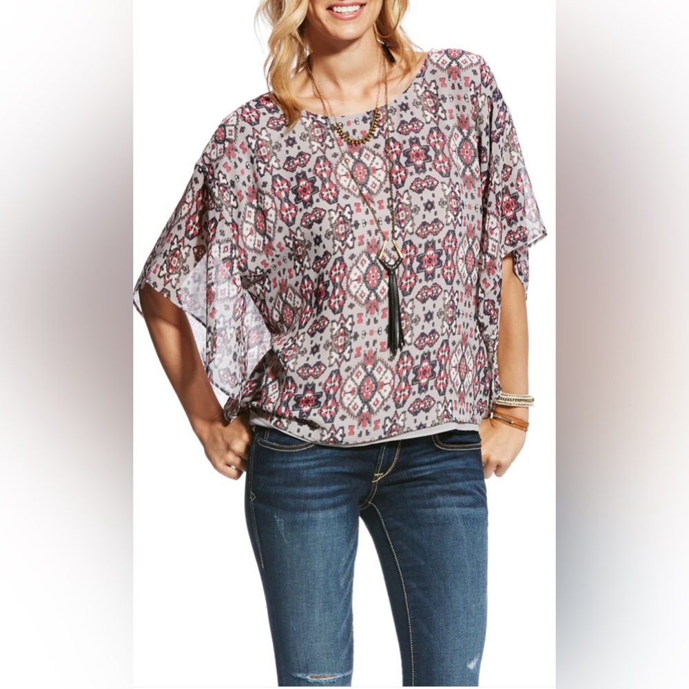 ARIAT Jessa Western Aztec High Low Women’s Blouse Top 🩶💗 Size Medium